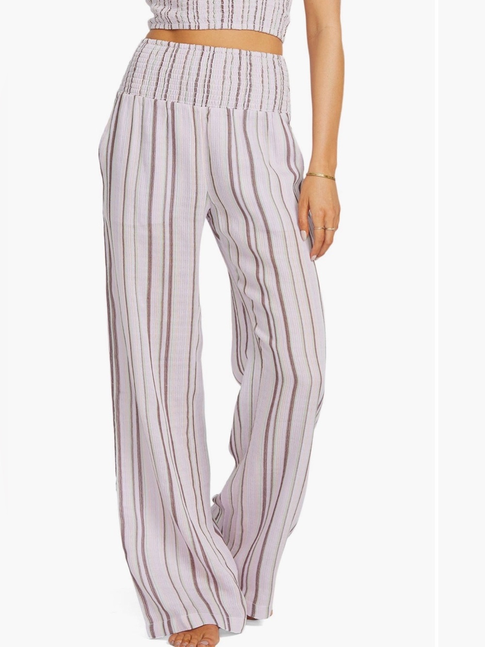 Billabong Smocked-Waist Wide Leg Striped Pants - Cream & Black Small - Picture 4 of 8
